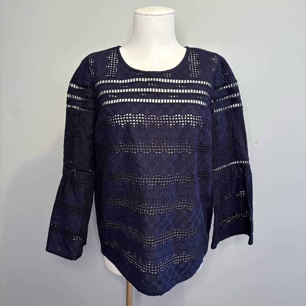 Ba&sh Gianna Blouse Navy Blue Size 1 3/4 Sleeve Flared Boho Summer Spring EUC